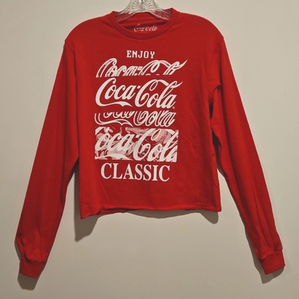 Coca-Cola red and white long sleeve crop top Small ENJOY COCA-COLA logo Raw Hem